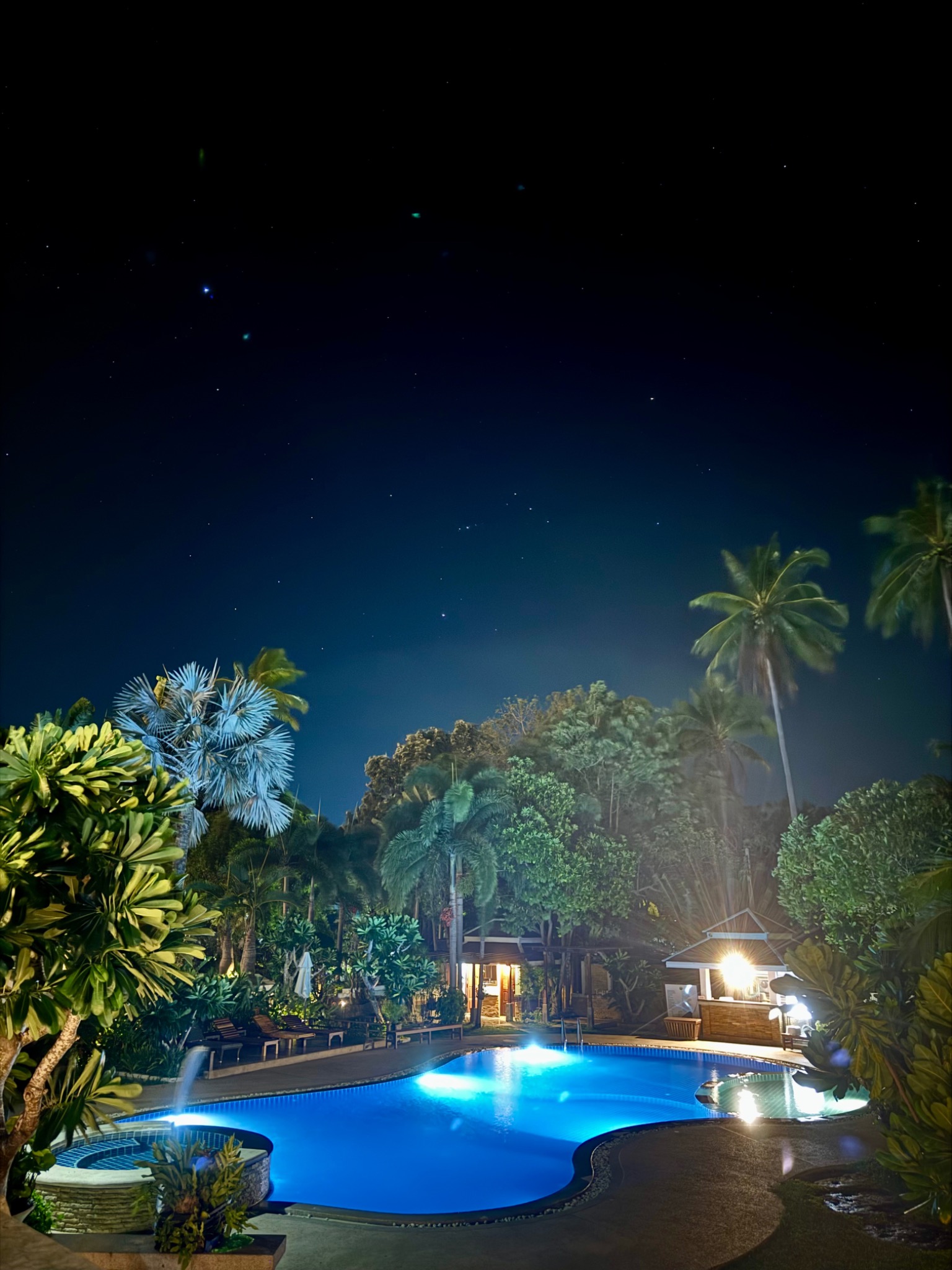 Tropical resort pool at night on Koh Tao, Thailand